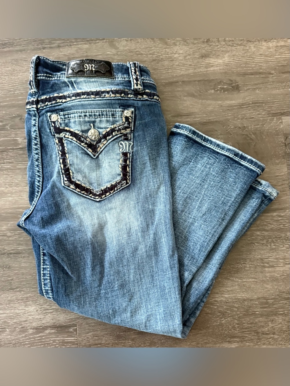 Miss Me Light Blue Bootcut Jeans with Embroidered Jewel Pocket